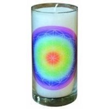 Bild von Kerze Blume des Lebens regenbogen im Glas Stearin weiss 14cm